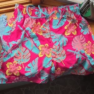 Mens M NWT Tropical Print Swim Shorts - Hot Pink and Teal
